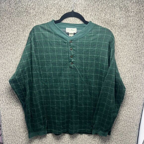 L.L. Bean Freeport Maine Waffle Shirt Mens Large Green Plaid Cotton Henley Neck - Picture 1 of 10